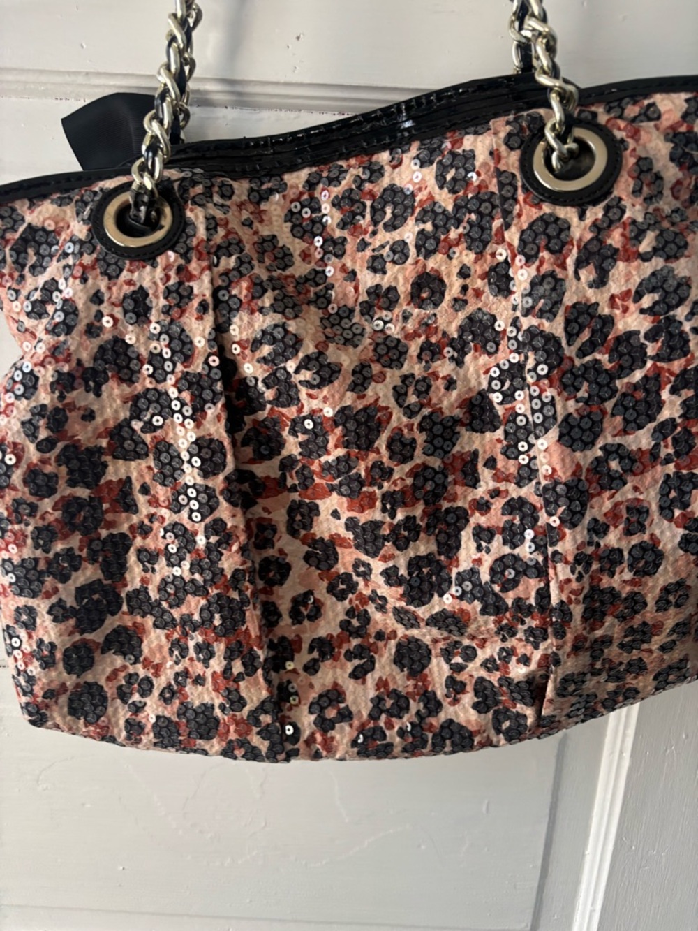 Betsey Johnson Sequin Cheetah Print Purse W/Black Bow ~ Punk ~ Glam - Picture 4 of 5